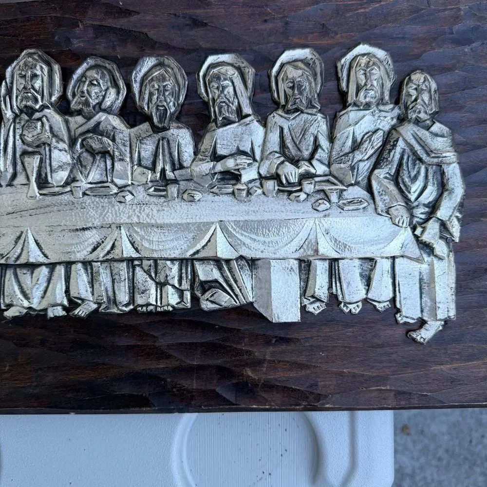 Vintage Last Supper Wood Carved Wall Art Panel Christian Chi Rho Decor